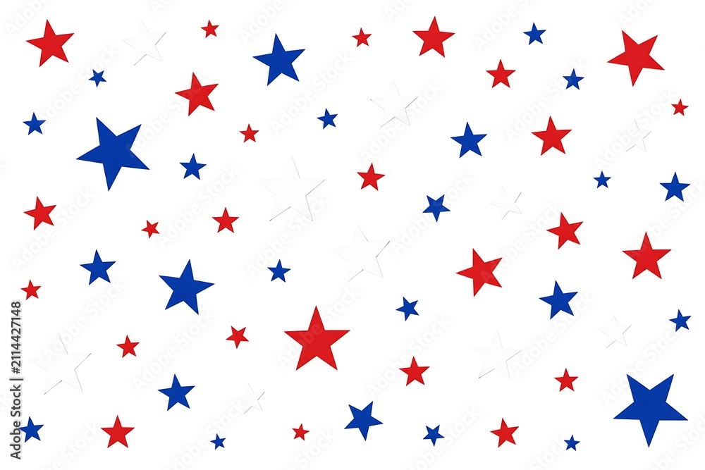 Fototapeta premium Scattered red and blue stars on a white background, patriotic and festive design