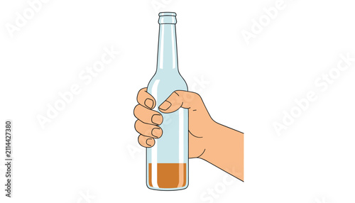 Close-up vector art of a hand holding a clear glass bottle with a small amount of orange liquid at the bottom.