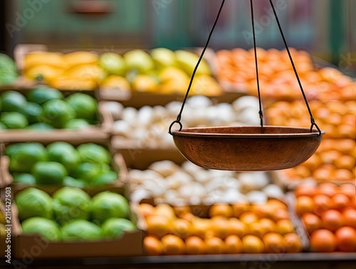 Produce market display with hanging scale and abundant colorful fruits and vegetables