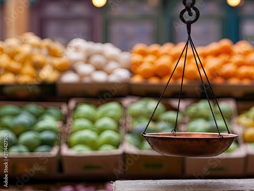 Old hanging scale in front of colorful produce stall