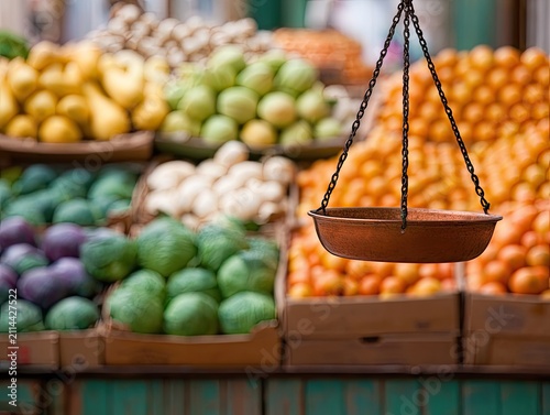 A rustic scale hangs above an abundant display of fresh, colorful produce