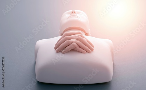 Lifelike mannequin chest with hands demonstrating CPR technique, soft light