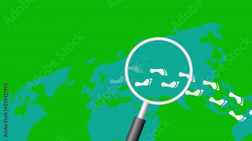 Animated International Day of the Disappeared awareness concept featuring a magnifying glass following footprints over a world map on a green screen background. Ideal for human rights, missing persons