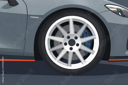 Dynamic Sports Car Wheel Spinning Fury, Capturing Motion and Power with Gleaming Alloy Rims Against a Glossy Asphalt Surface