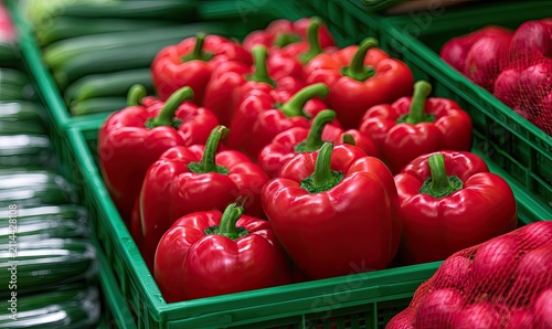 Vibrant red bell peppers in green crates at a market