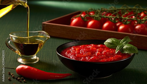Rich tomato dish, olive oil, and fresh ingredients on textured surface