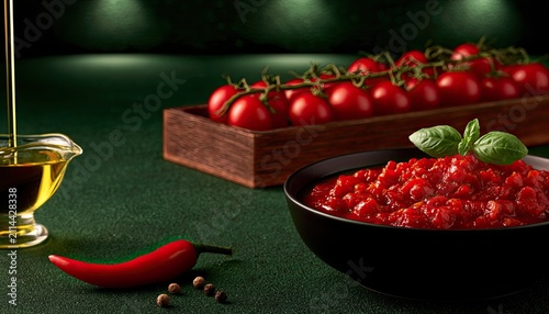 Fresh tomatoes, vibrant chili, and rich sauce prepared for cooking