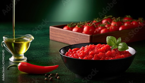Rich tomato sauce with fresh ingredients and olive oil in artistic lighting