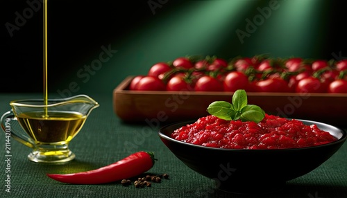 Rich red tomato paste with olive oil, chili pepper, and basil