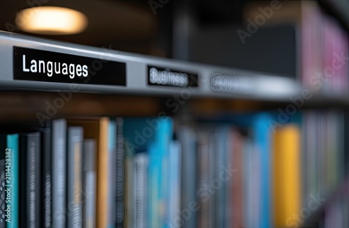 Labeled shelf in library displays 