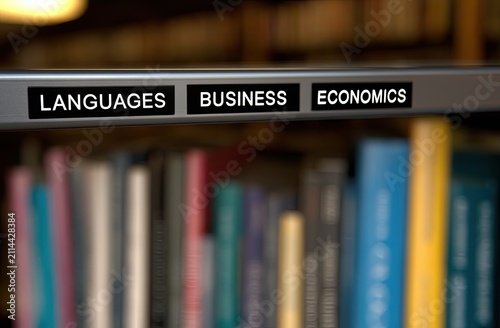 Shelving labels Languages, Business, Economics above a library bookshelf