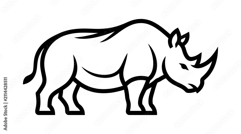 Fototapeta premium Stylized Rhinoceros Line Art Illustration. Strong Rhino Side View Outline, Black and White Graphic Design Element for Wildlife Concepts.