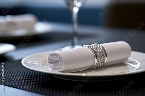 Elegant table setting with a rolled napkin adorned by a decorative ring