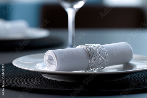 Elegant table setting with white napkin, silver ring, and wine glass