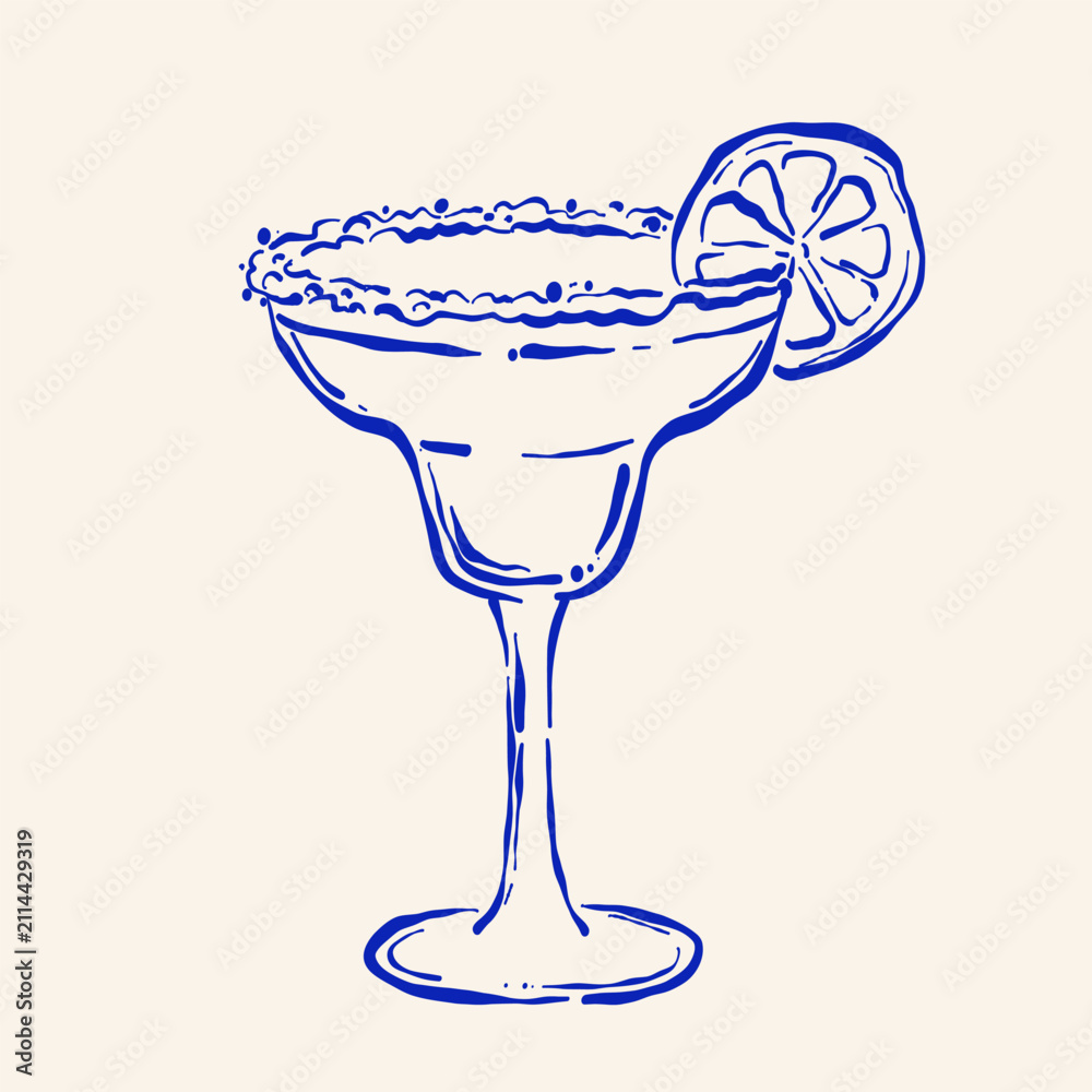 Obraz premium Margarita glass with lime slice, salted rim and cocktail. Bar drinks collection. For menus, beverage graphics and restaurant designs. Sketch, silhouette, hand drawn line art.