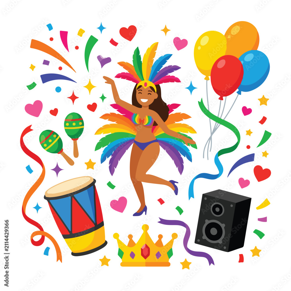 Fototapeta premium Brazilian Carnival Samba Dancer with Festive Elements Like Drum Balloons and Maracas Vector Illustration