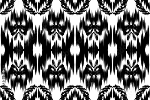 Black and White Ikat Vector Pattern, Seamless Geometric Tribal Motif Background for Fashion Textile Print, Traditional Bohemian Style Wallpaper, Abstract Distressed Ethnic Chevron Fabric Design