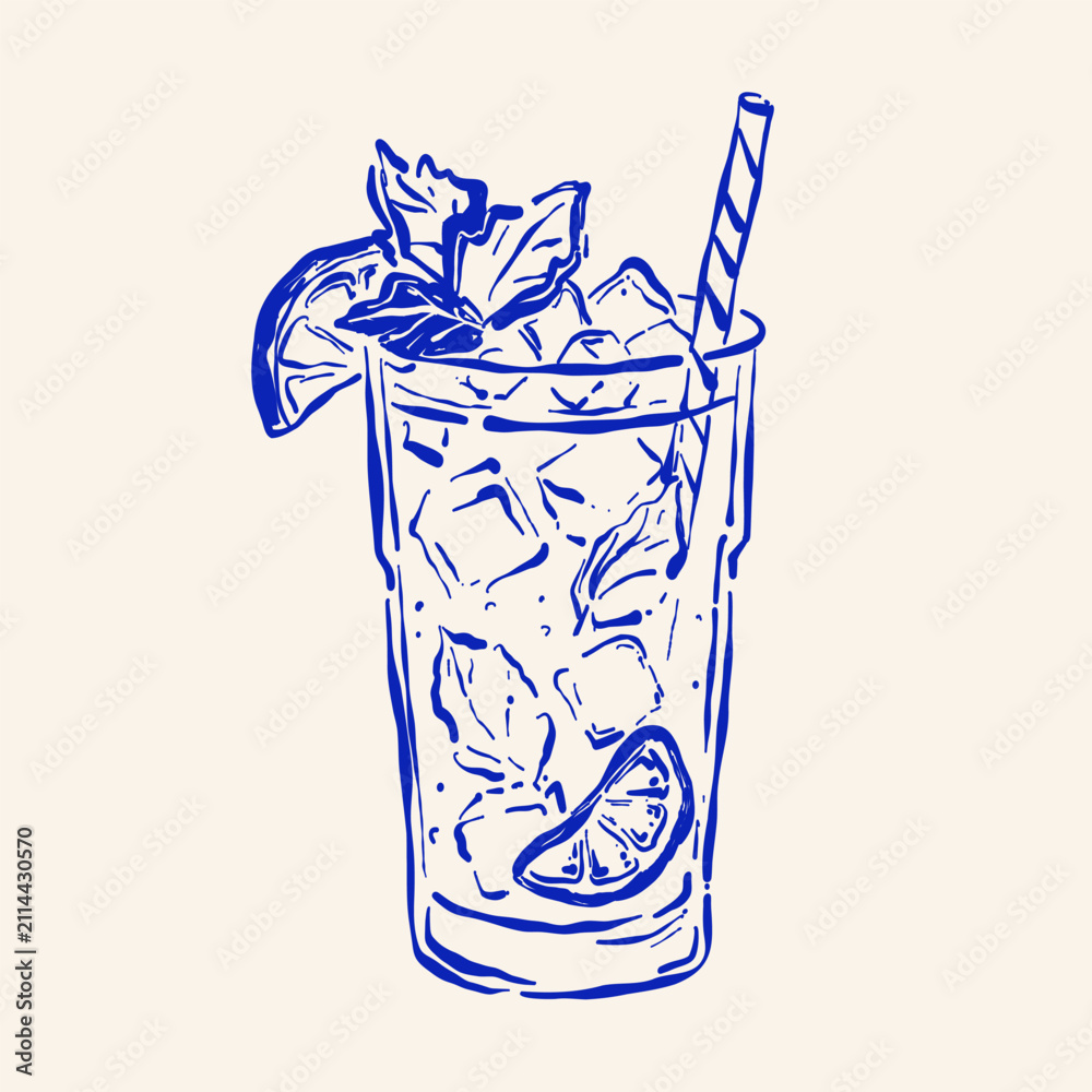 Fototapeta premium Highball glass with mojito, lime, mint, ice and straw. Bar drinks collection. For menus, beverage graphics and restaurant designs. Sketch, silhouette, hand drawn line art.