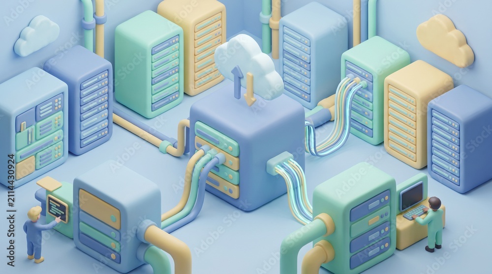 Fototapeta premium Isometric 3D illustration of a data center with cloud computing servers and technicians.