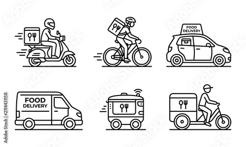 Set of various food delivery transportation icons in a simple line art style