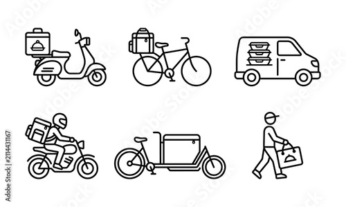 Set of delivery service icons featuring various transport methods and courier staff