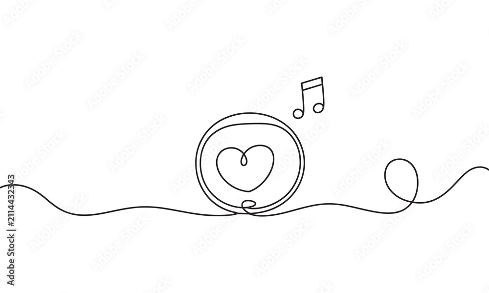 Fototapeta premium Continuous single line of a circular frame containing a heart shape with a musical note symbol above it, music and love concept, isolated on a white background, black ink