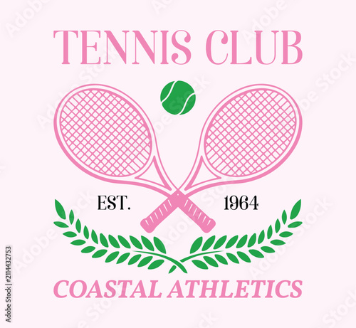 Foto Tennis Club Coastal Sports Academy Illustration - Retro Premier Tennis Courts Athletic Graphic with Racket and Ball