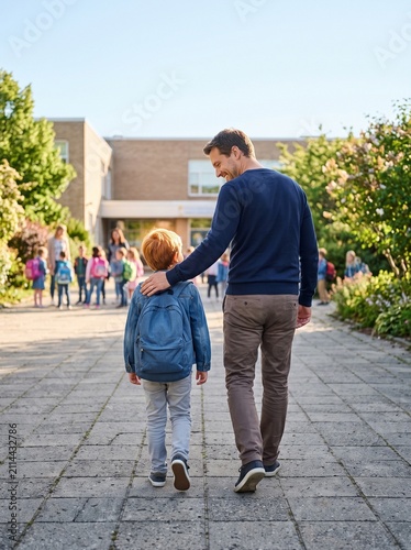 Father Walking Young Son to Elementary School on First Day of School. copy space