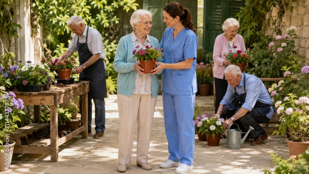 Obraz premium Therapeutic gardening workshop in a nursing home with seniors and caregivers