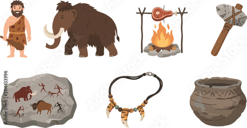 Bild auf Leinwand Prehistoric Stone Age Illustration Set with Caveman Character Woolly Mammoth Cam