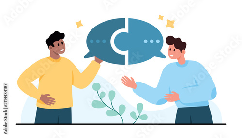 Two men discuss ideas with puzzle speech bubbles, showing teamwork, dialogue and connection in a modern flat scene isolated on white background vector illustration