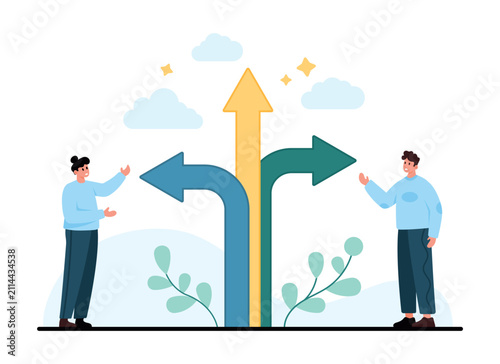People stand beside branching arrows pointing left right and up, showing direction choice, decision making, navigation, strategy, career path planning isolated on white background vector illustration