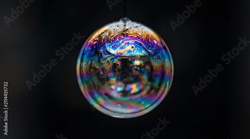 Close-up of a colorful soap bubble floating in dark background. Abstract, vibrant, reflective sphere with rainbow hues.