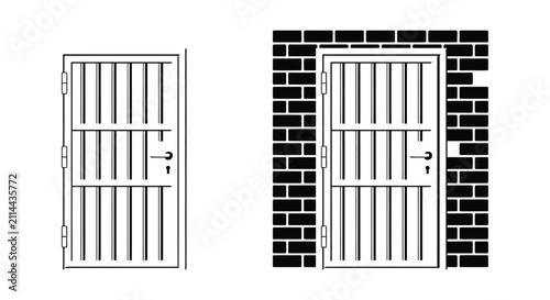 Metal barred door with lock and brick wall silhouette black and white graphic prison jail security gate