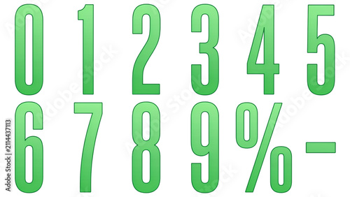 Green gradient numbers set from 0 to 9 with percent and dash symbols, modern tall condensed numeric font, vibrant typography for sales and pricing