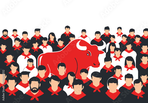 Canvas Print A large red bull stands prominently amidst a crowd of people wearing red scarves