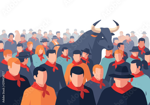 Crowd of people surrounding a bull during a festival event.