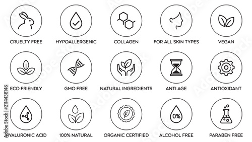 Skincare Certification Beauty Line Icons Set for Cosmetic Labels and Branding