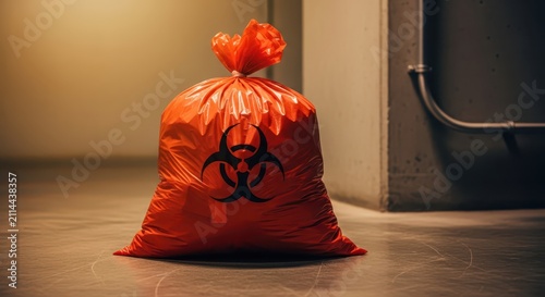 Biohazard waste bag with biohazard symbol standing on a floor in a dimly lit room, symbolizing danger and contamination