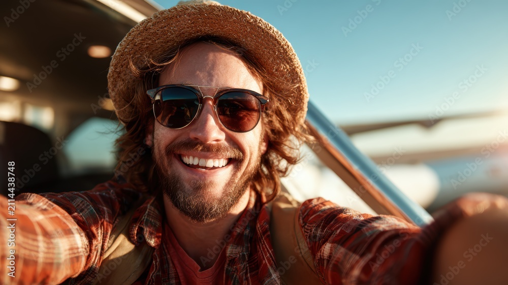 Fototapeta premium A cheerful man wearing sunglasses and a straw hat takes a joyful selfie by an airplane, showcasing the spirit of adventure and the excitement of travel.