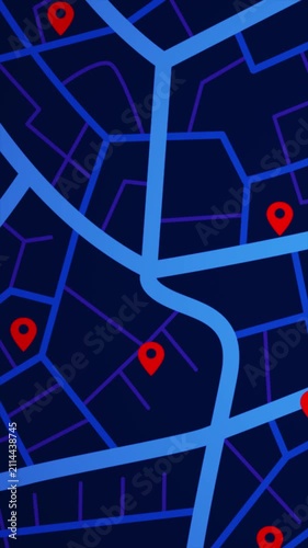 4K Vertical video Animated city map with location pins and navigation routes. Modern GPS tracking concept for smart city