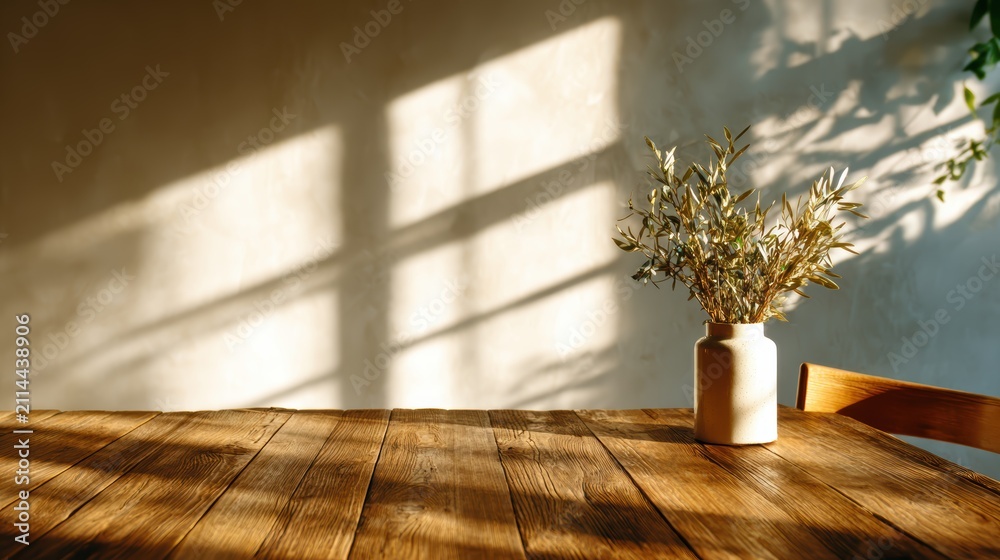 Fototapeta premium A beautifully arranged table is bathed in soft sunlight, showcasing a simple vase with delicate flowers that bring warmth and tranquility to the serene indoor environment.