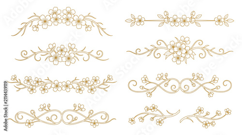 Elegant gold floral dividers set, vintage wedding invitation borders with cherry blossoms, luxury metallic flower line art ornaments for stationery isolated PNG with Transparent Background
