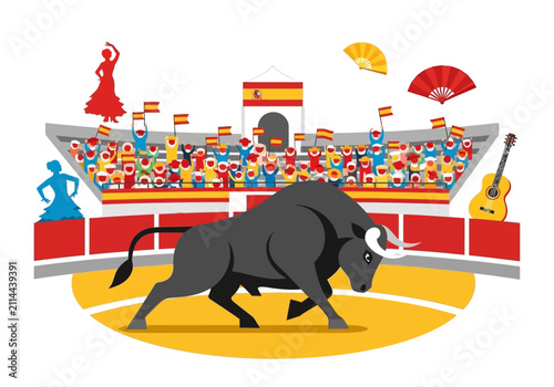 Bild auf Leinwand Powerful Black Bull in a Spanish Bullfighting Arena.