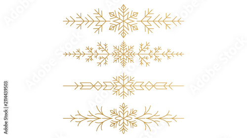 Golden snowflake dividers set, elegant winter holiday borders, luxury gold Christmas decorative elements for greeting cards and invitations isolated PNG with Transparent Background