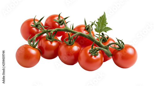 фотографія Ripe red cherry tomatoes on vine with green leaves
