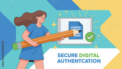 Young woman holding a giant pencil to complete a secure digital authentication process on a touchscreen tablet.