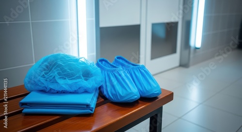 Blue Disposable Protective Hair Cap and Shoe Covers on Wooden Bench in Clean Room or Medical Facility