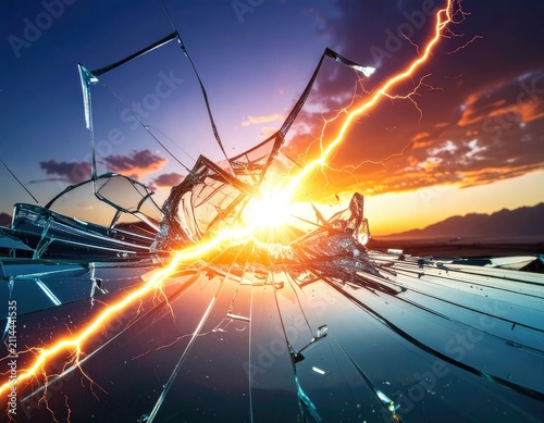 Shattered glass captures lightning strike at vibrant sunset over mountains