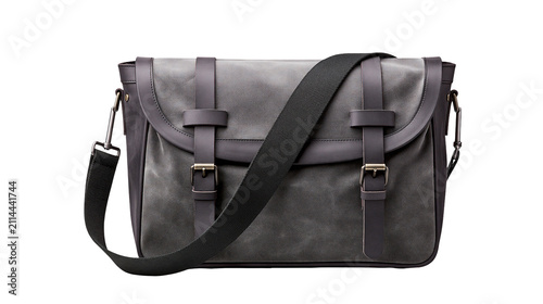 Konstfotografi Gray canvas messenger bag with dark brown leather straps and buckles